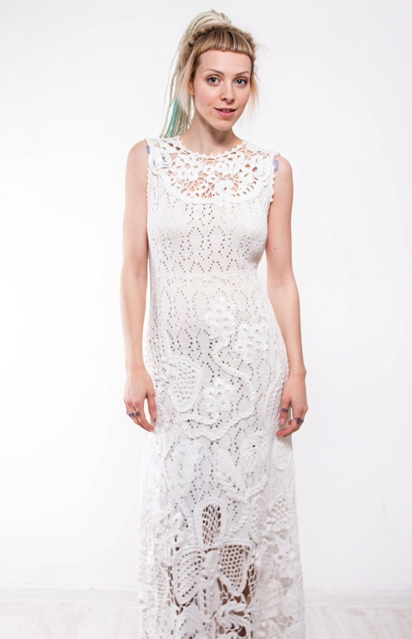 Handmade White Crochet Maxi Dress – Lacy Viscose Beachwear & Boho Wedding Sundress