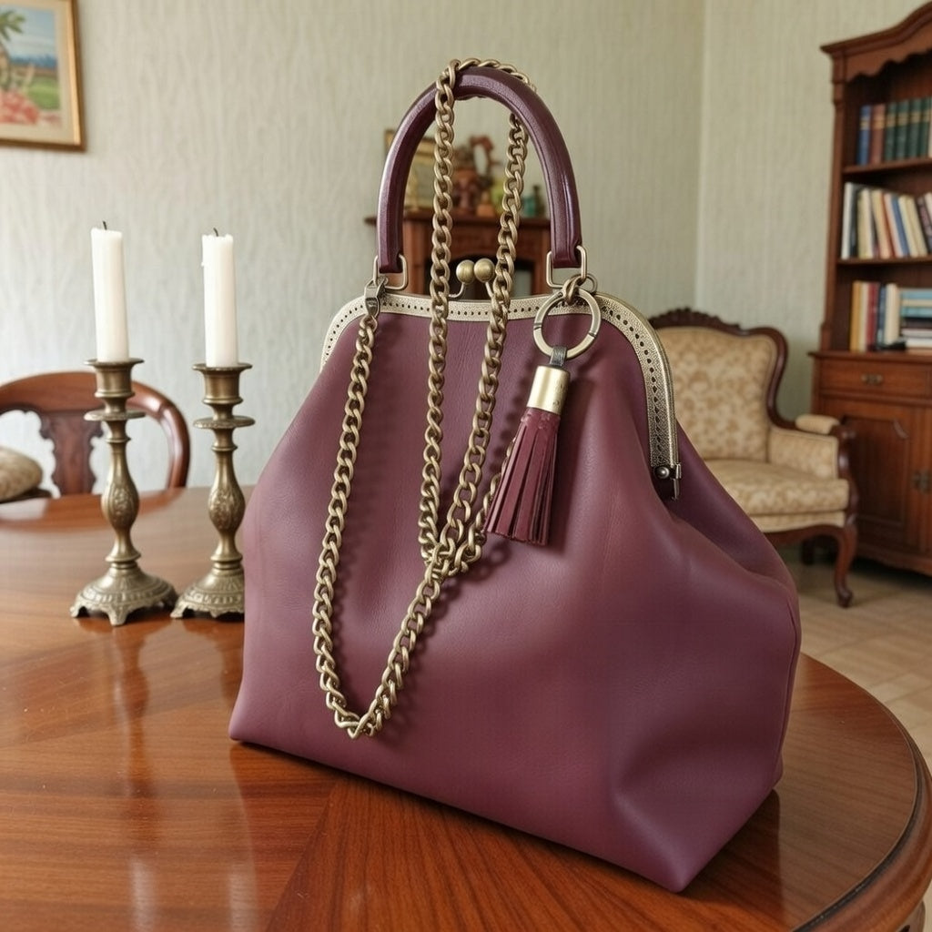 Vintage Bordeaux Leather Kisslock Bag – Genuine Wine Leather Frame Handbag with Bronze Clasp and Removable Chain Strap