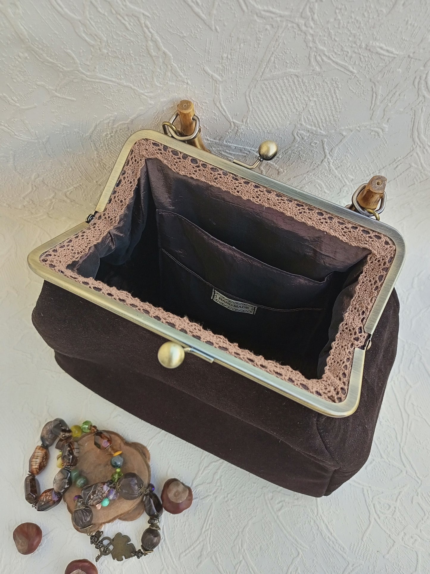 Classic brown suede kisslock purse bohemian retro style