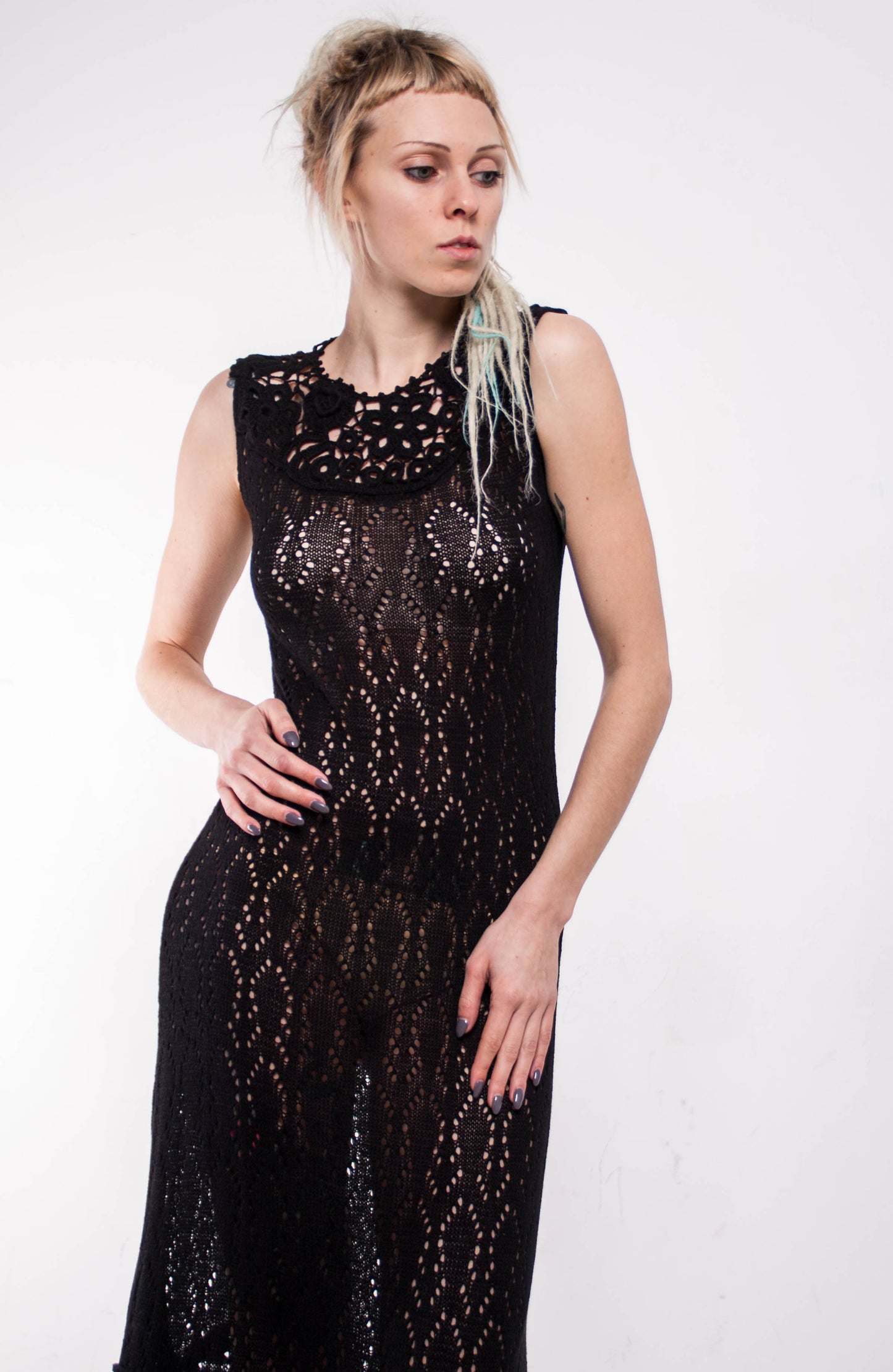 Lightweight lacy crochet beach dress black