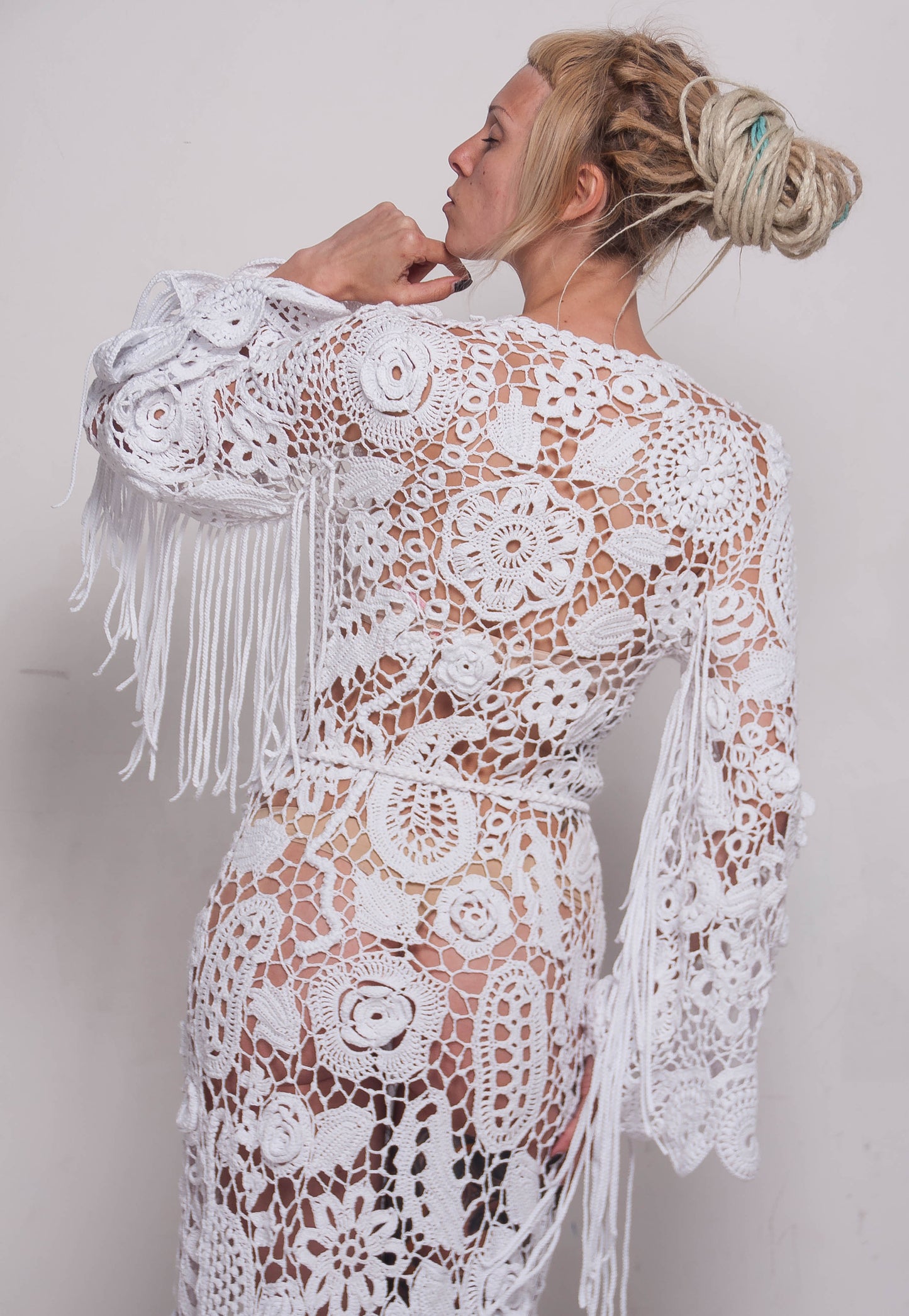 Handmade Crochet Irish Lace Wedding Maxi Dress – White Cotton Bridal Gown with Fringe Sleeves