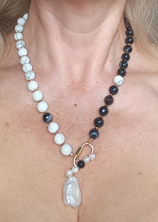 Madagascar Agate Necklace with Baroque Pearl – Black White Gemstone Jewelry, Howlite & Freshwater Pearl Necklace, 14K Gold Filled Gift for Her