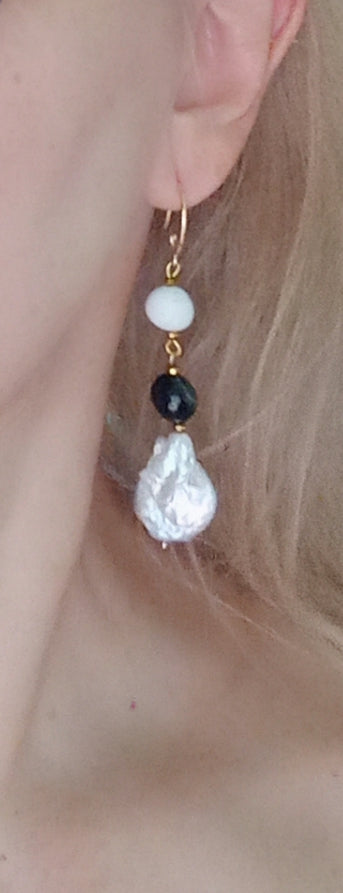 Madagascar Agate & Howlite Earrings with Baroque Pearl – Black White Gemstone Earrings, 14K Gold Filled Bridal Jewelry Gift for Her
