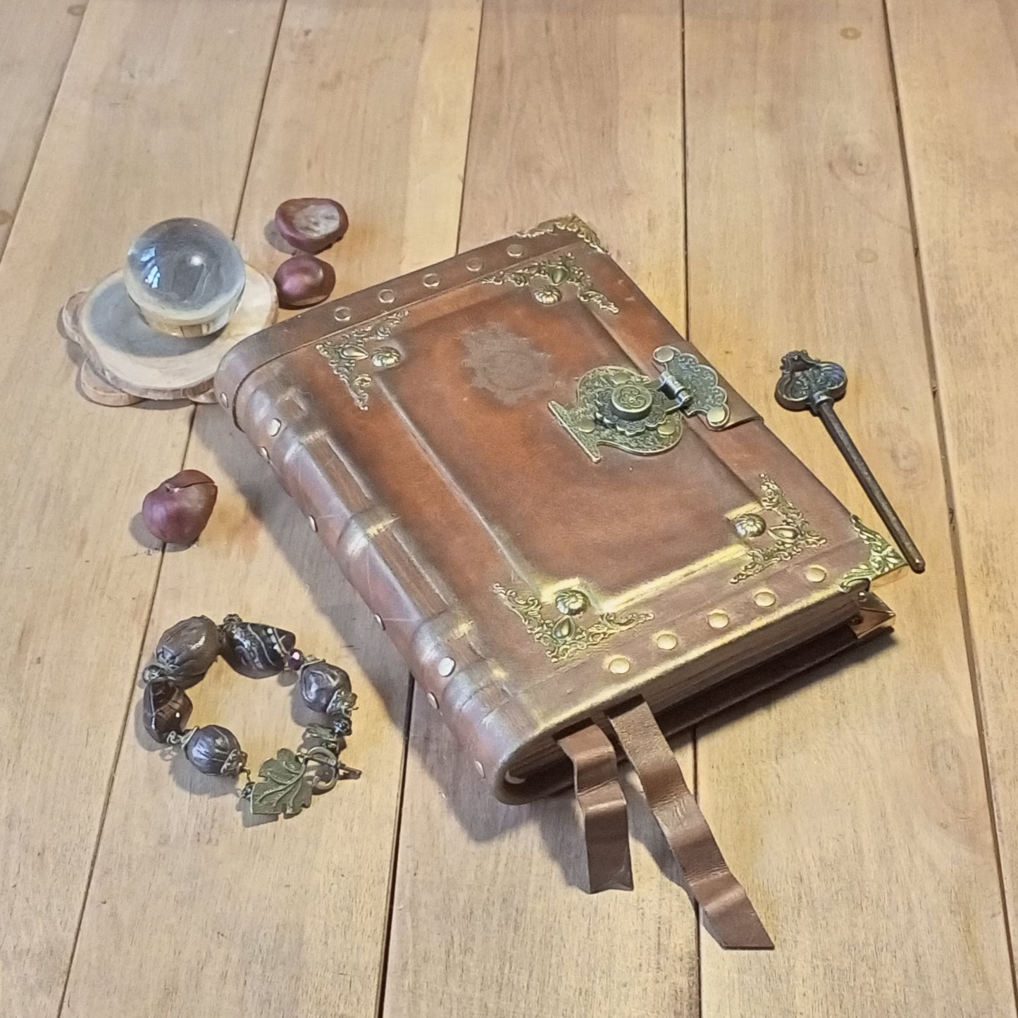 Engraved Rusty Brown Leather Journal with Antique Lock – Handmade Vintage Grimoire Book of Shadows