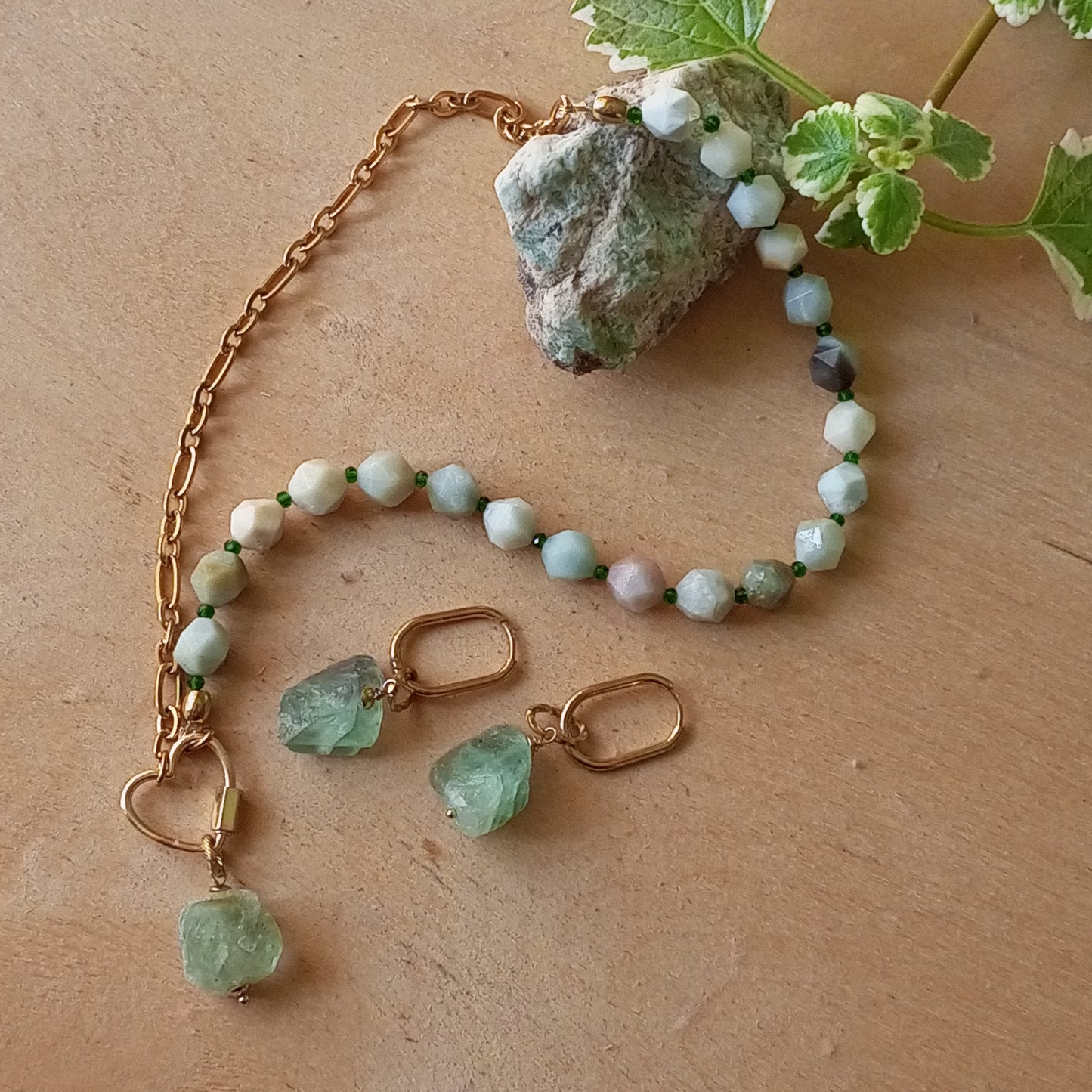 Green Fluorite Earrings with Raw Gemstones — 14K Gold Filled Emerald Jewelry