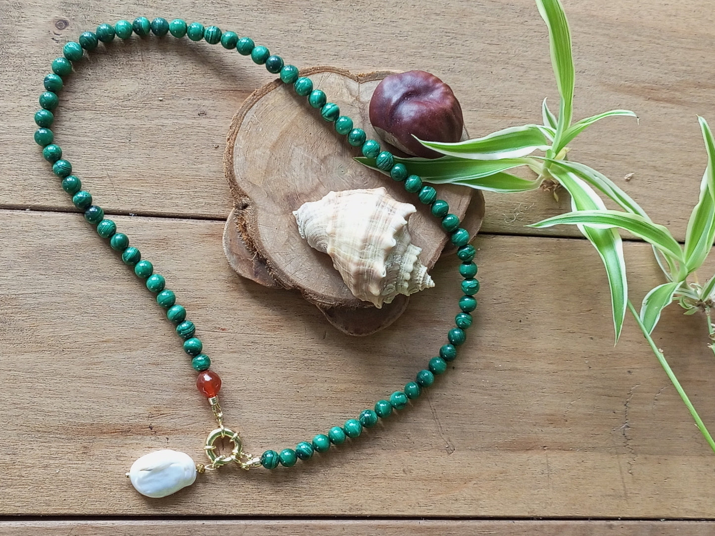 Malachite Pearl Necklace – Emerald Green Gemstone Choker with Gold Filled Clasp