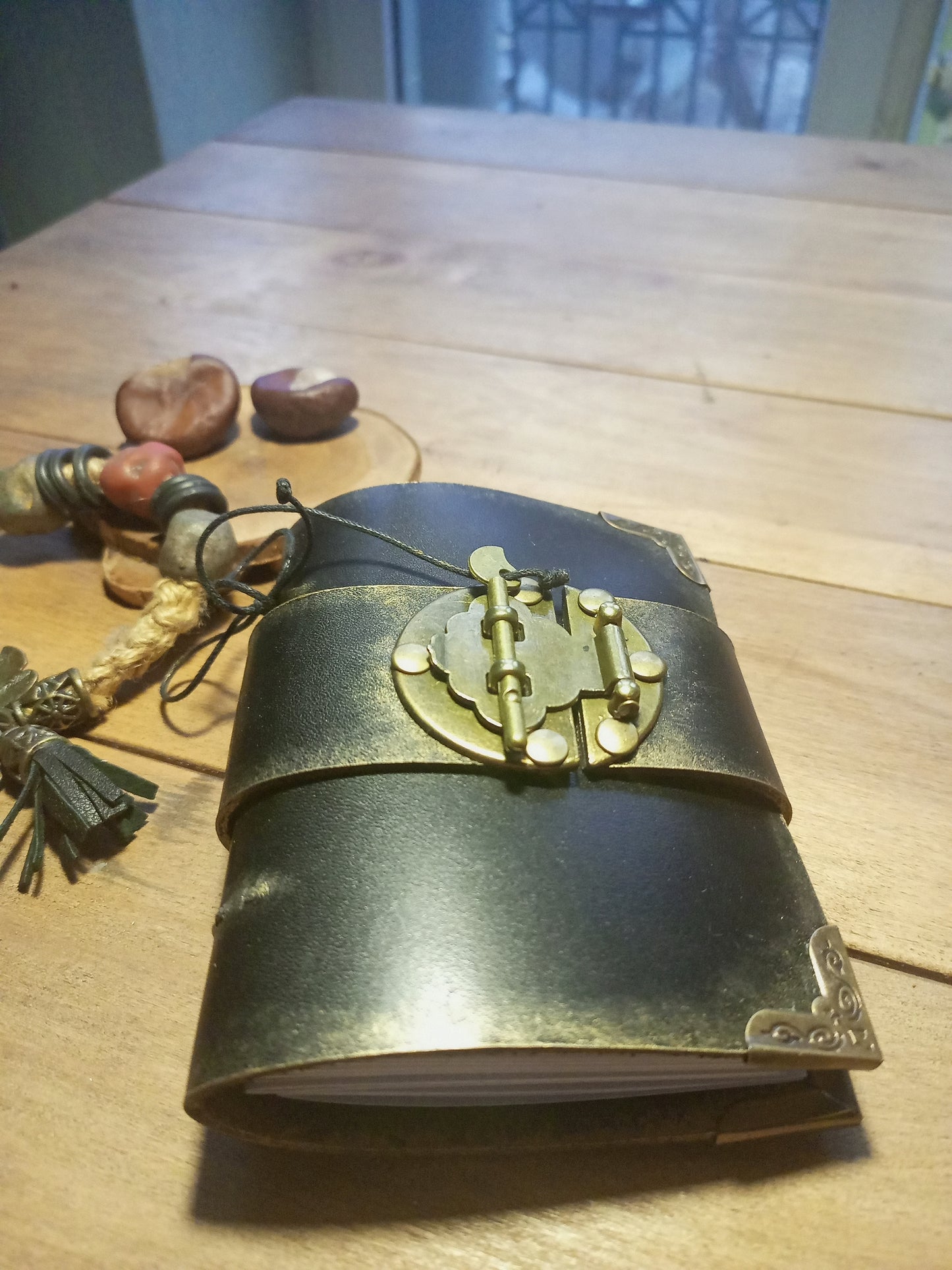 Small Black Leather Journal with Belt Lock – Handmade Medieval Notebook Book of Shadows