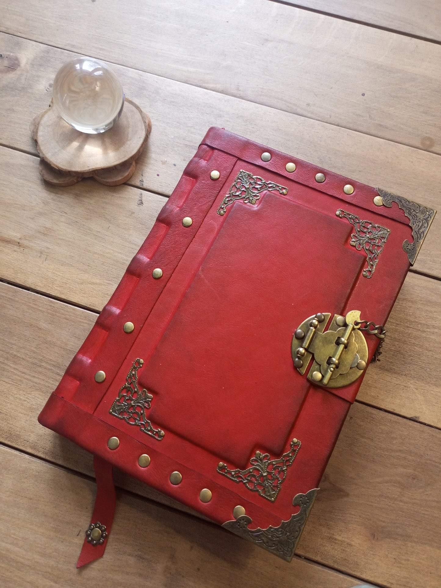 Red Aged Leather Journal with Antique Lock – Vintage Gothic Notebook Medieval Book of Shadows