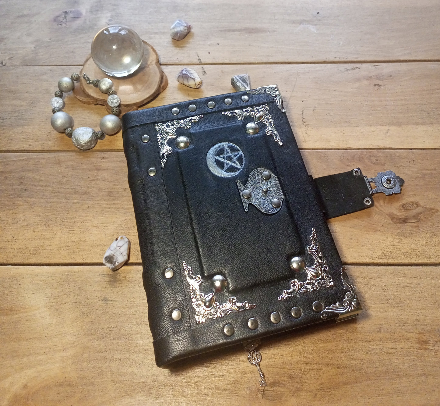 Aged Leather Ring Binder Journal with Moon Pentagram & Replaceable Pages (6 Rings)