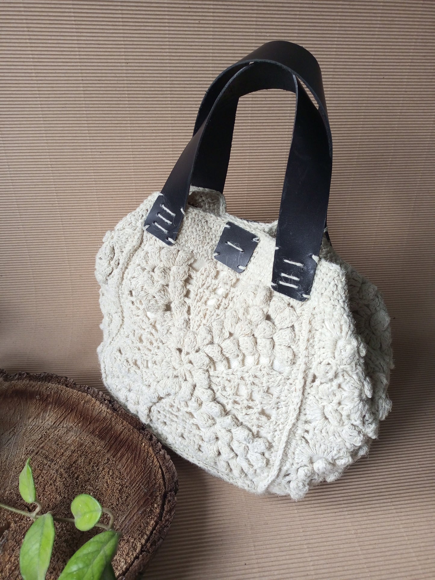 Bohemian Ivory Crochet Hemp Bag – Handmade Jute Handbag with Leather Handles and Chain Strap