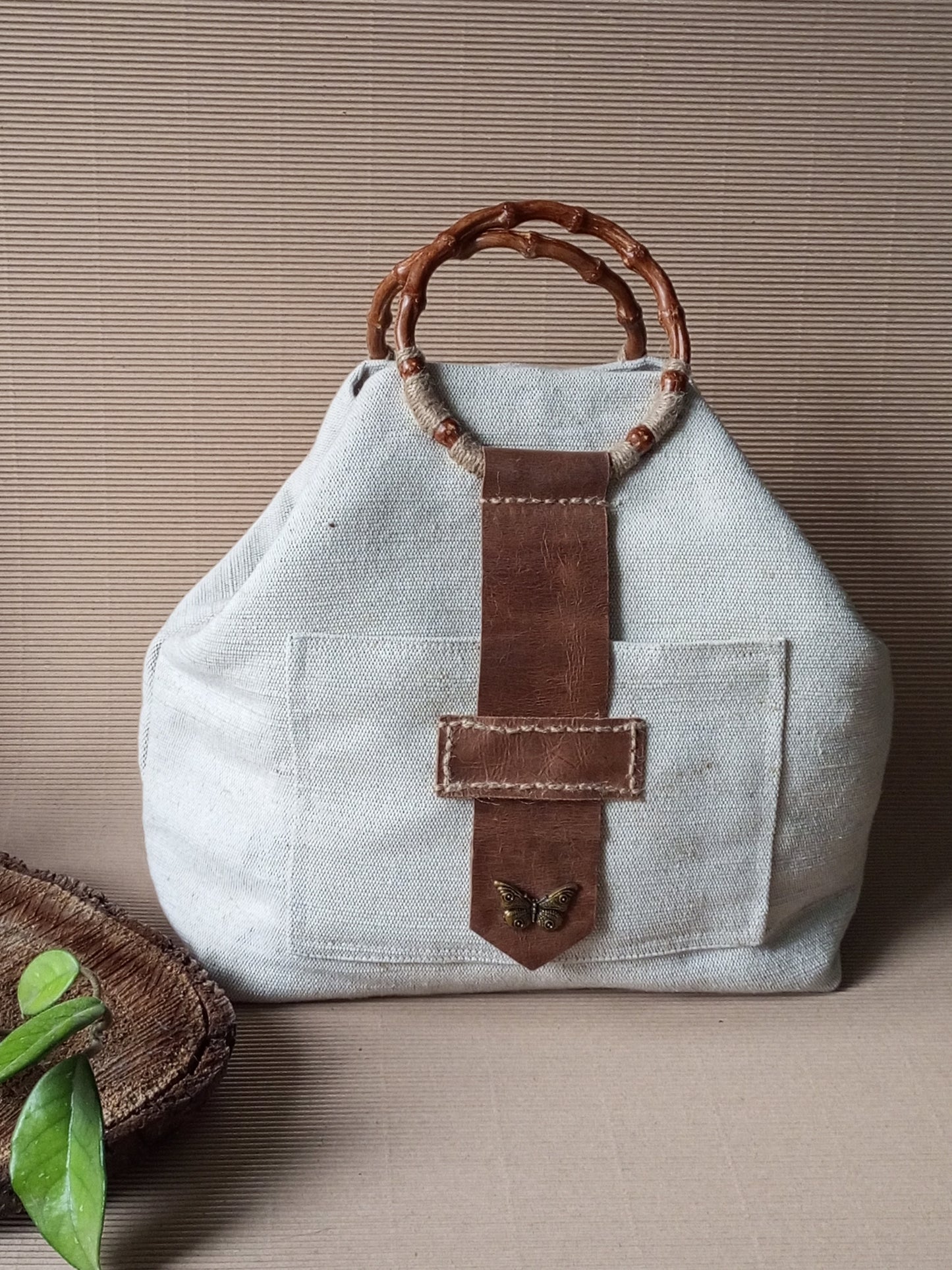 Ivory Canvas Tote Bag – Boho Market Bag with Bamboo Handles and Leather Details