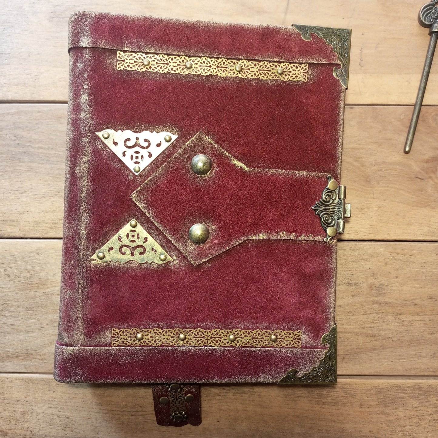 Red Suede Grimoire with Antique Lock – Refillable 6-Ring Hardcover Binder Handmade Blood Red Leather Journal, Medieval Grimoire Aged Blank Notebook