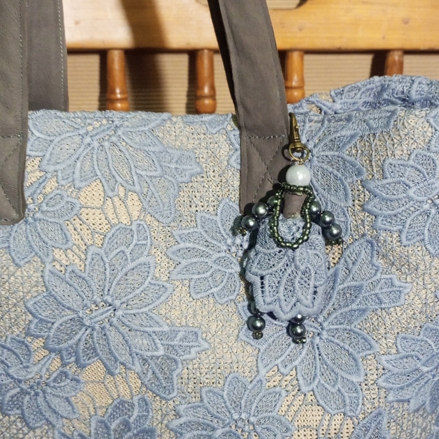 Blue Guipure Lace Tote Bag – Boho Market Tote Lace Bag with Leather Handles