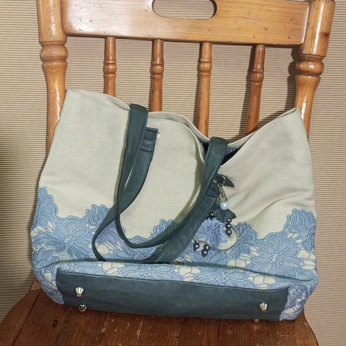 Blue Guipure Lace Tote Bag – Boho Canvas Market Bag with Leather Handles, Romantic Summer Beach Handbag