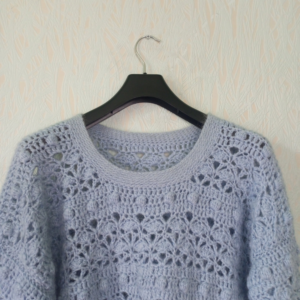 Light Blue Oversized Crochet Sweater, Handmade Wool Jumper, Boho Knit Pullover Chunky Winter Sweater Loose Fit Crew Neck Jumper Women