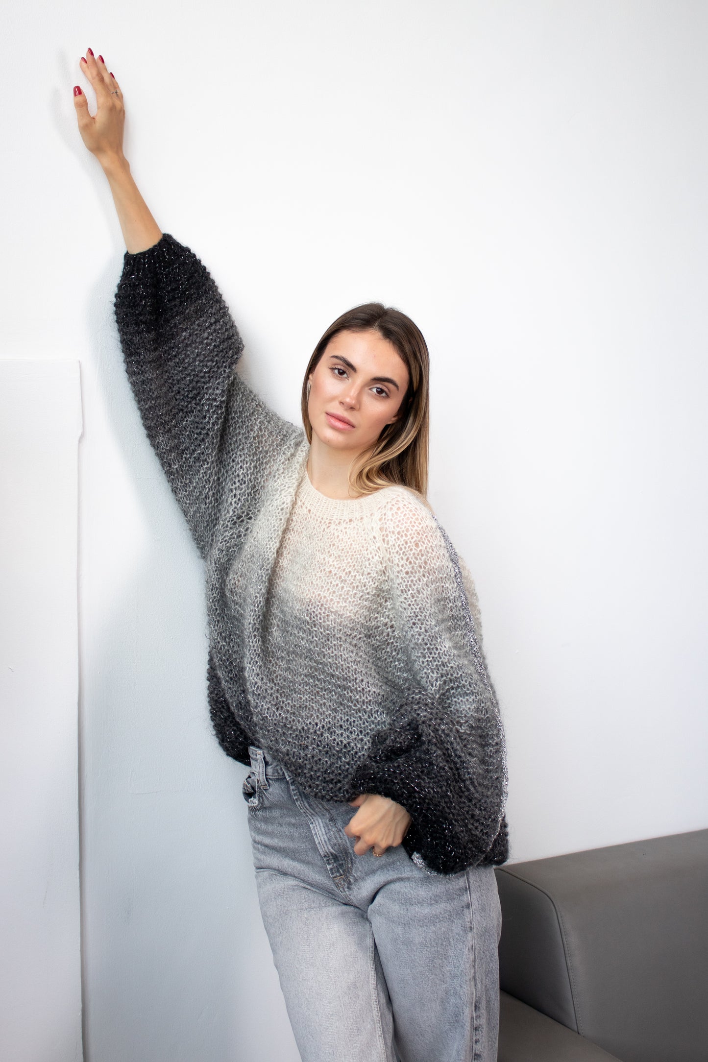 Black White Gradient Oversize Mohair Sweater Handmade Fluffy Knit Jumper One Size Wool Pullover Cozy Winter Knitwear