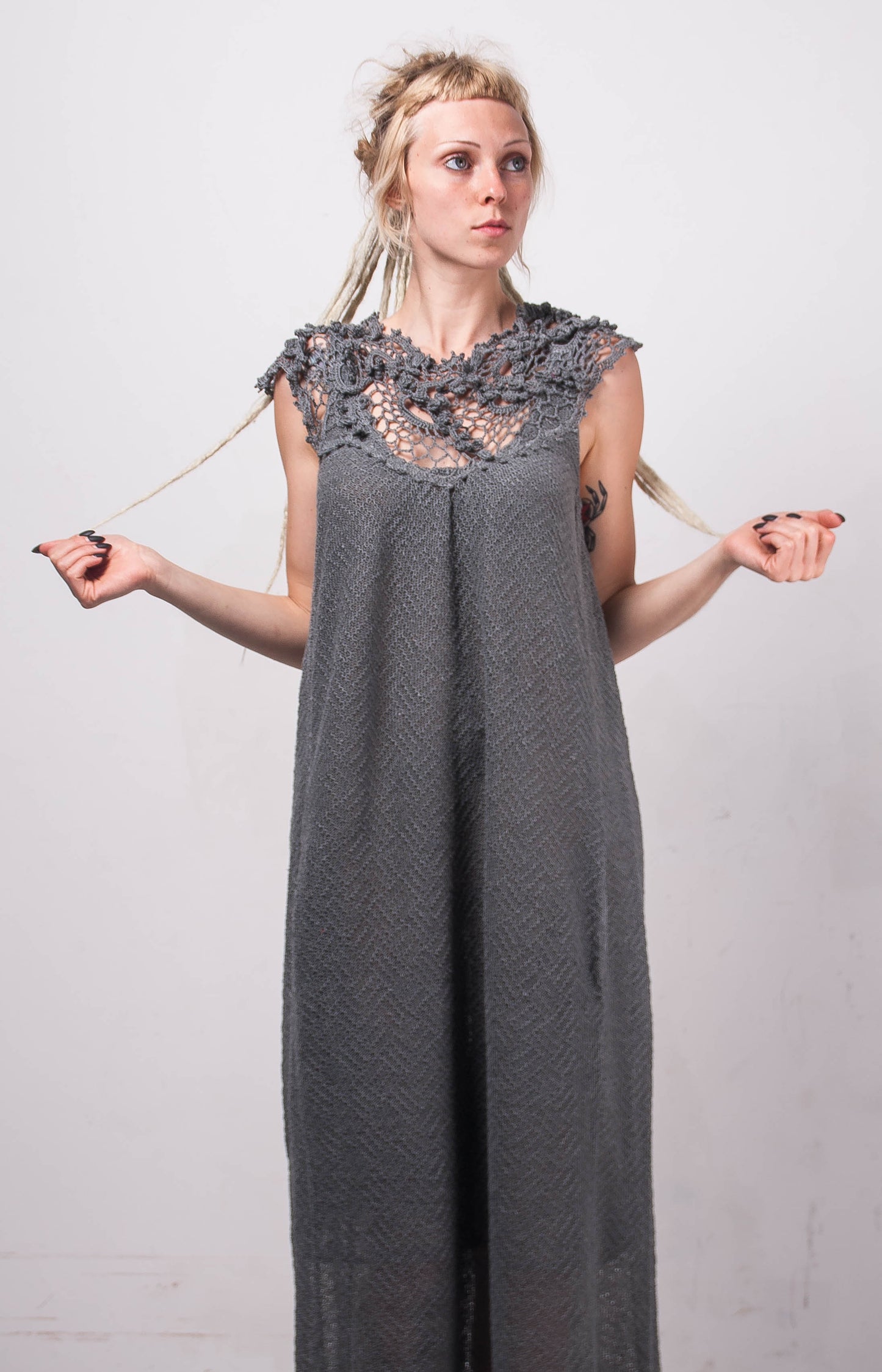 Handmade Crochet Linen Maxi Dress – Grey Beachwear Oversized Lacy Sundress with Pockets