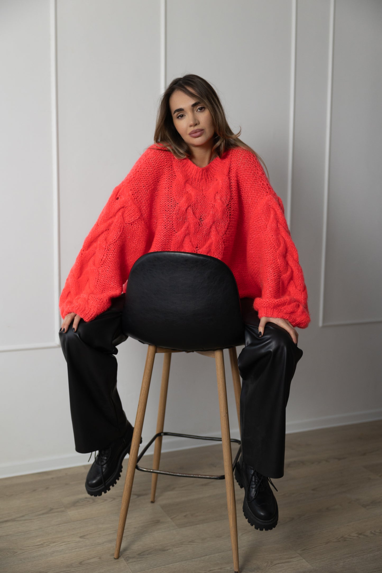 Handmade Oversized Scarlet Mohair Sweater – Wool Blend Knit Jumper, Red Chunky Pullover