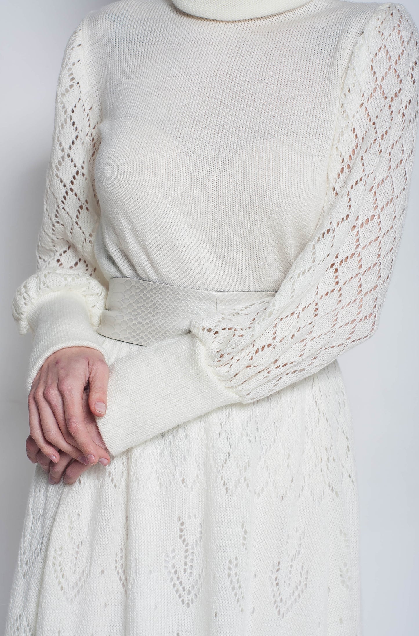 White Mohair Crochet Maxi Dress – Turtleneck Long Sleeve Lace Dress, Elegant Evening & Bridesmaid Dress