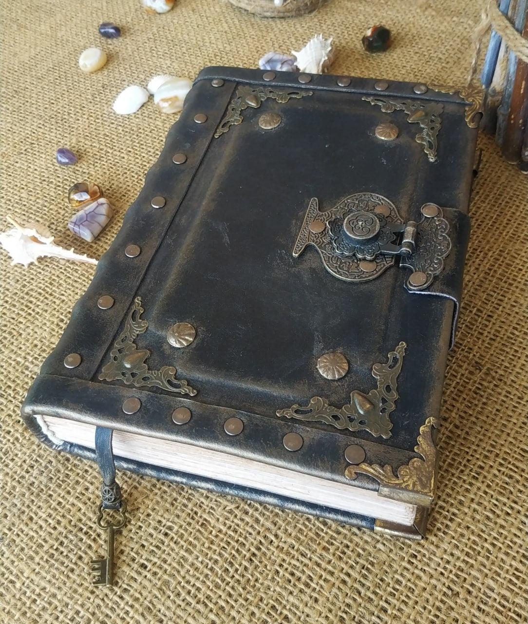 Black Leather Journal with Antique Lock – Handmade Vintage Book of Shadows Notebook