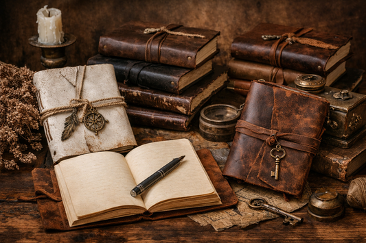 Aged handmade leather journals vintage grimoires