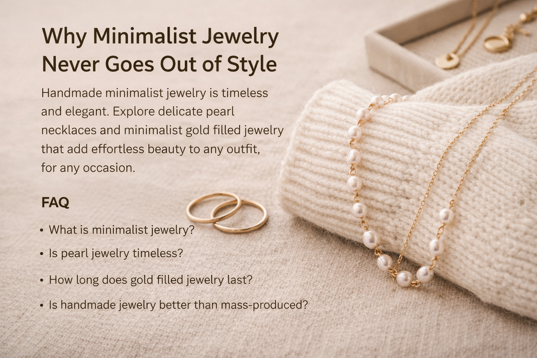 Minimalist pearl necklace and 14k gold filled earrings on the table