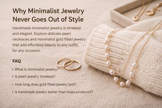 Minimalist pearl necklace and 14k gold filled earrings on the table