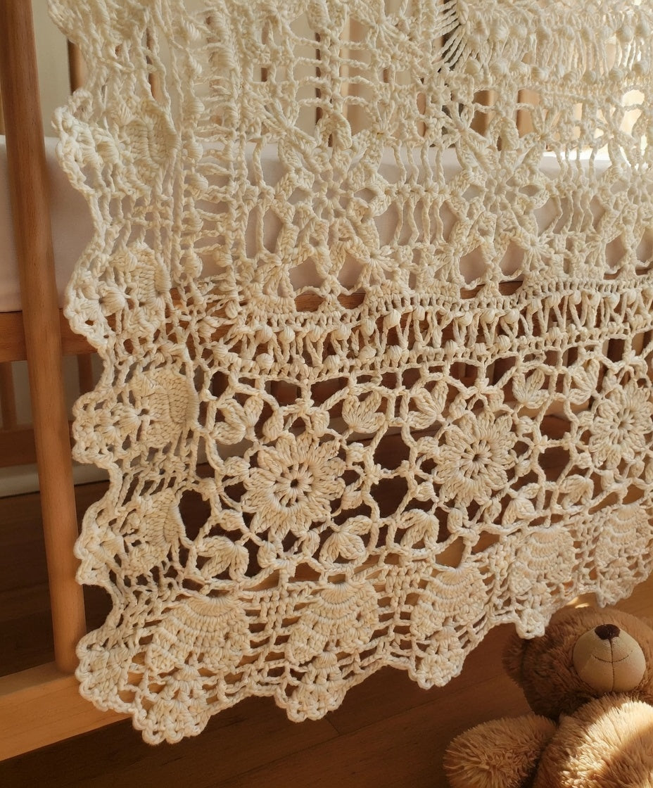 Crochet Cotton Creamy Baby Blanket – Lace Christening Blanket for Baptism, Handmade Baby Throw