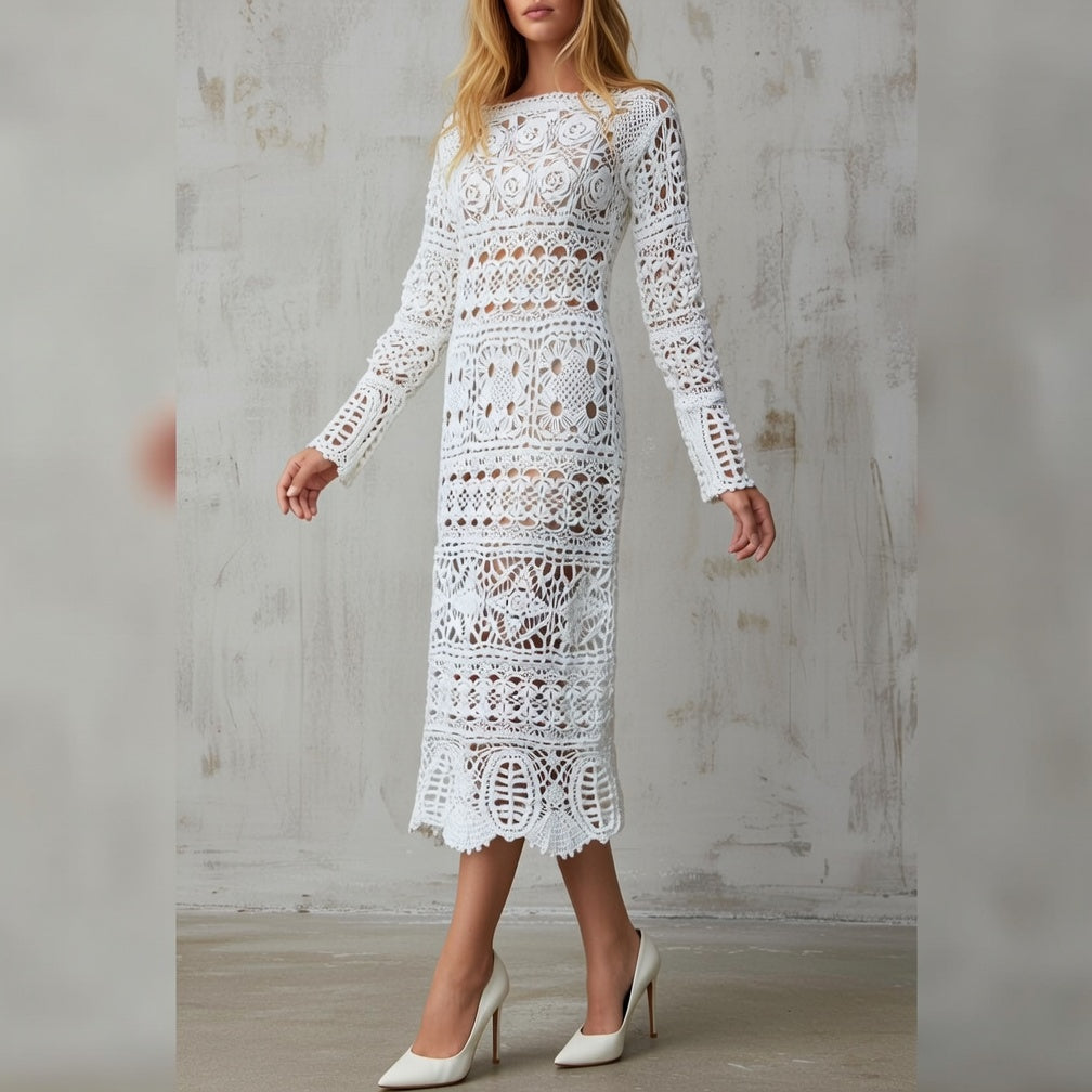 Handmade Irish Lace Wedding Dress – Crochet White Maxi Cotton Bridal Boho Gown