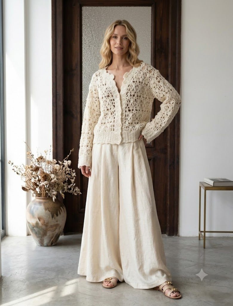 Ivory Crochet Lace Jacket – Handmade Fluffy Oversized Wool Bomber Cardigan with Puff Sleeves
