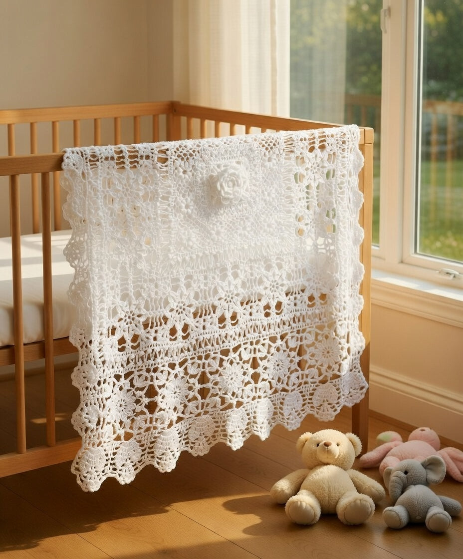 Crochet Cotton Baby Blanket – Lace Christening Blanket for Baptism, Handmade Baby Throw
