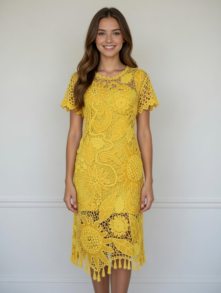 Yellow Irish Lace Crochet Dress with Leather – Handmade Statement Summer Dress
