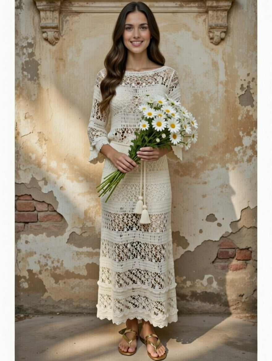 Crochet Lacy Ivory Maxi Dress - Wedding white Floor Dress with Long Sleeves