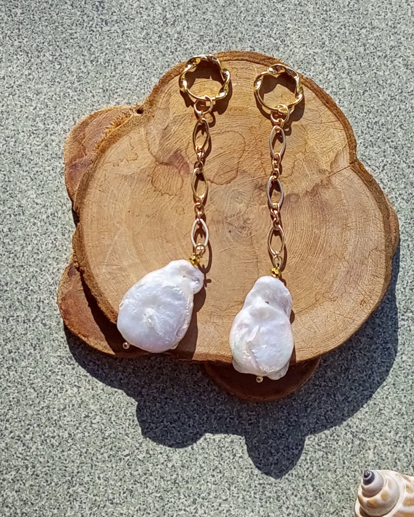 14k filled gold earrings with chain and Baroque freshwater pearls