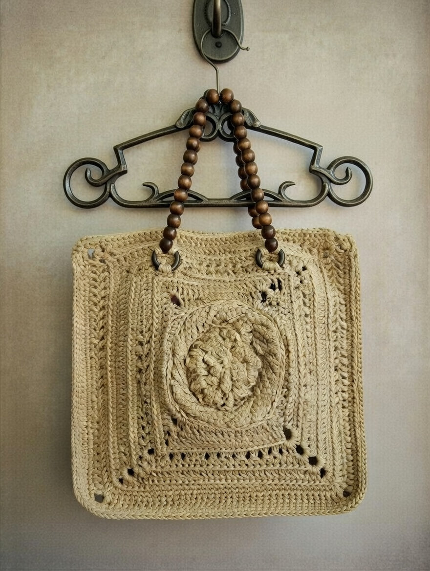 Handmade jute crochet tote bag with wooden handles Eco-friendly beige market basket bag Summer beach bag