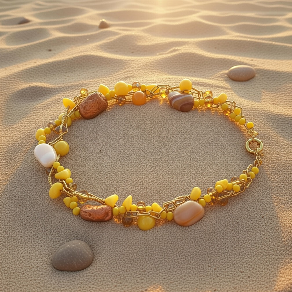 Multi Strand Yellow Agate Necklace – Jade & Jadeite Beaded Statement Necklace, 14K Gold Filled Stainless Steel Chain, 16 Inch Handmade Jewelry