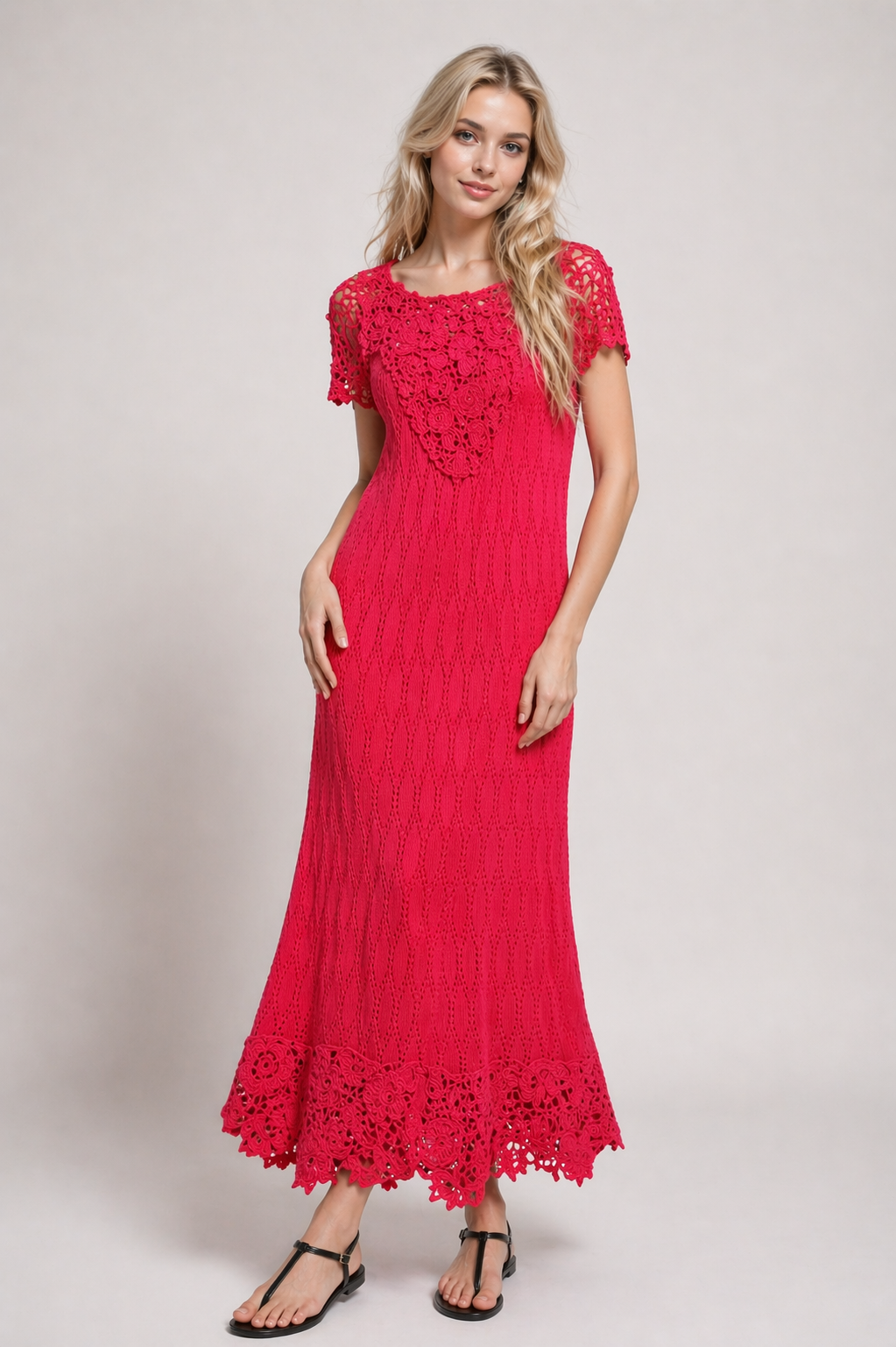 Red Crochet Maxi Dress Irish Lace – Scarlet Viscose Sundress, Handmade Boho Beach & Evening Dress