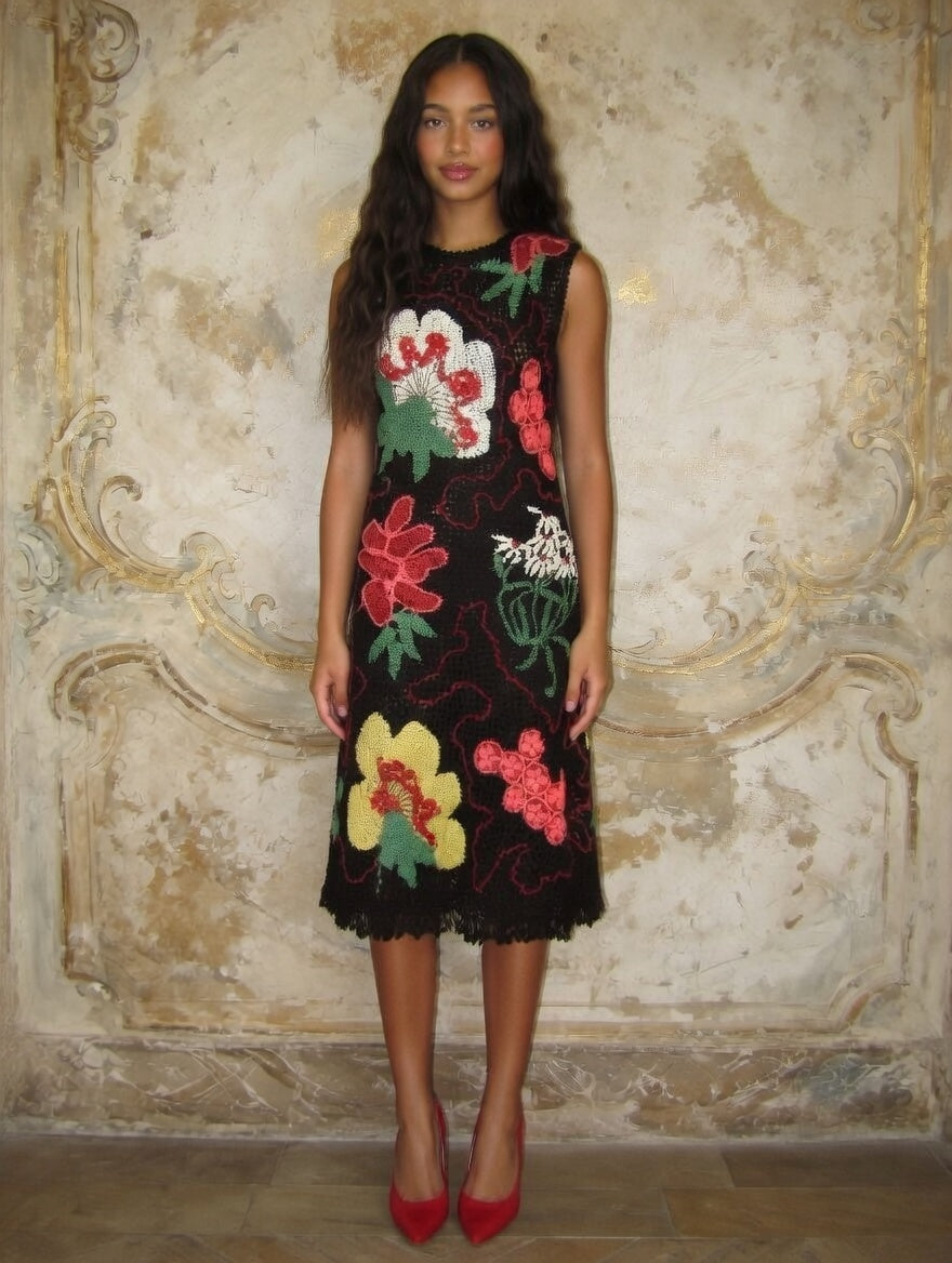 Black Irish Lace Crochet Dress Handmade Floral Lace Dress Sleeveless Boho Midi Dress Artisan Crochet Evening Dress