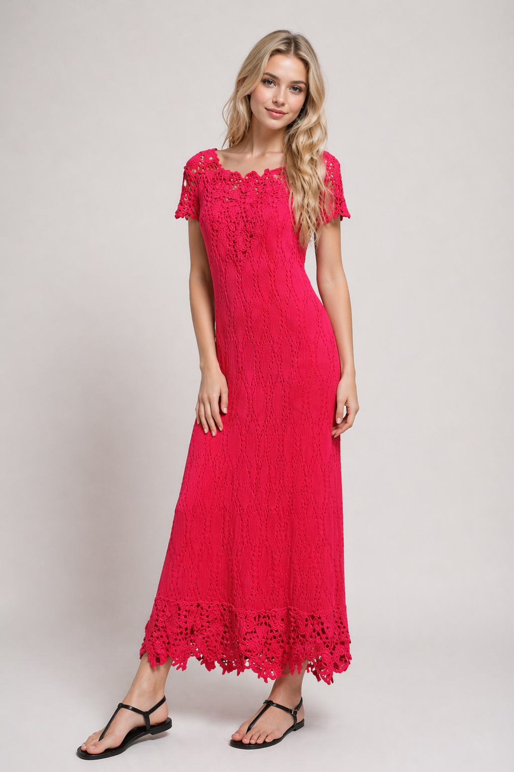 Red Crochet Maxi Dress Irish Lace – Scarlet Viscose Sundress, Handmade Boho Beach & Evening Dress