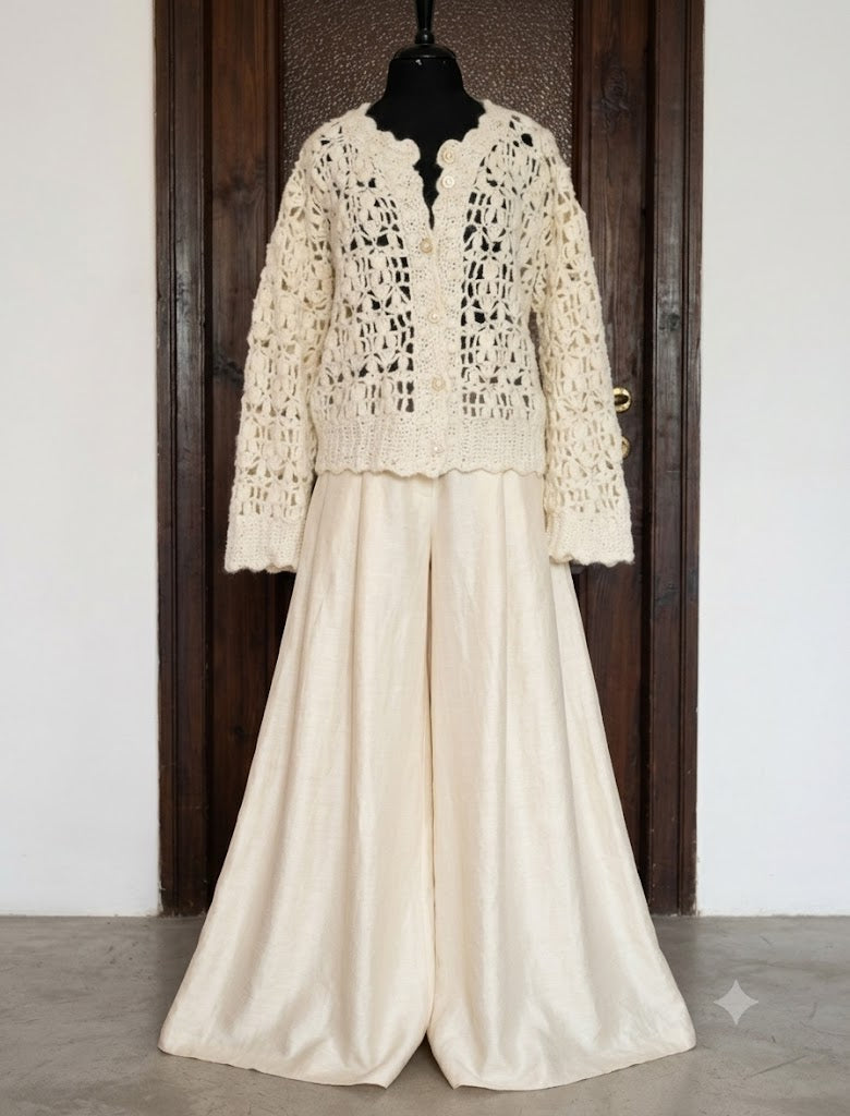 Ivory Crochet Lace Jacket – Handmade Fluffy Oversized Wool Bomber Cardigan with Puff Sleeves