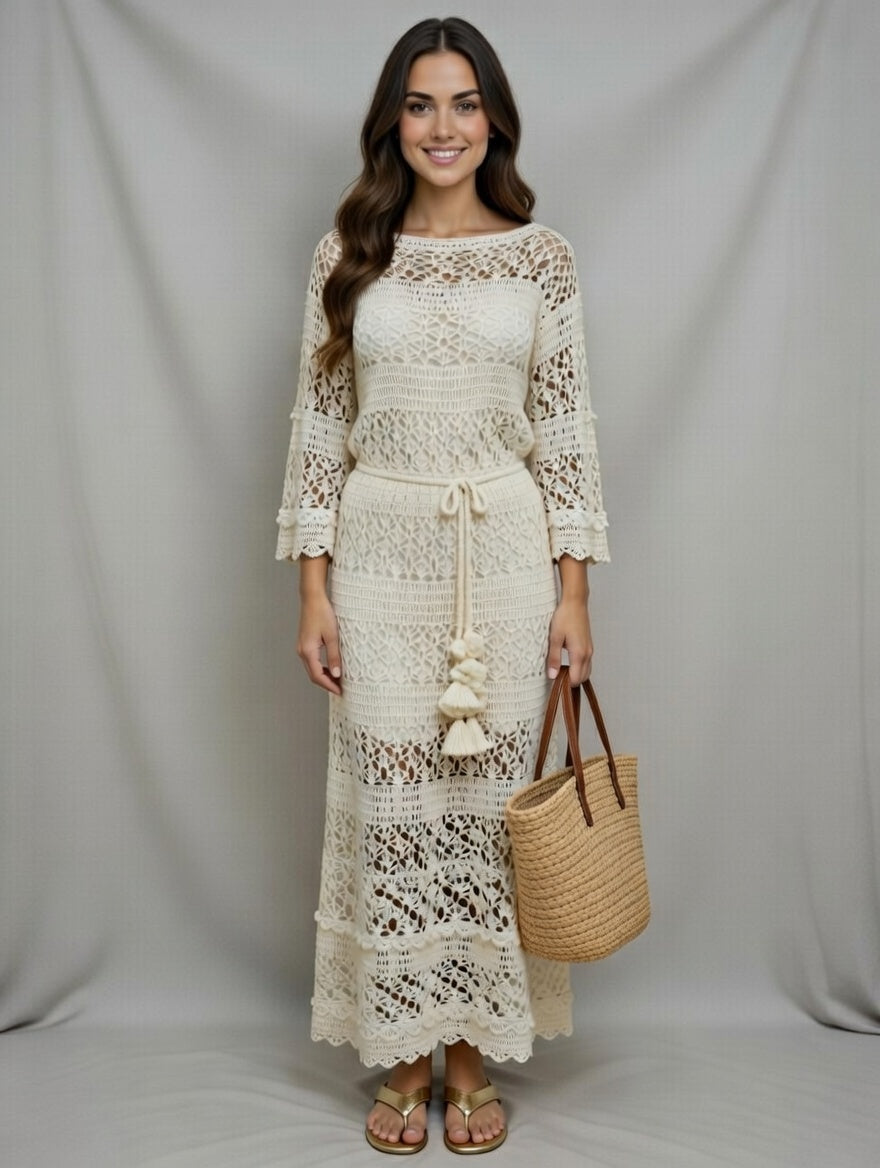 Crochet Lacy Ivory Maxi Dress - Wedding white Floor Dress with Long Sleeves