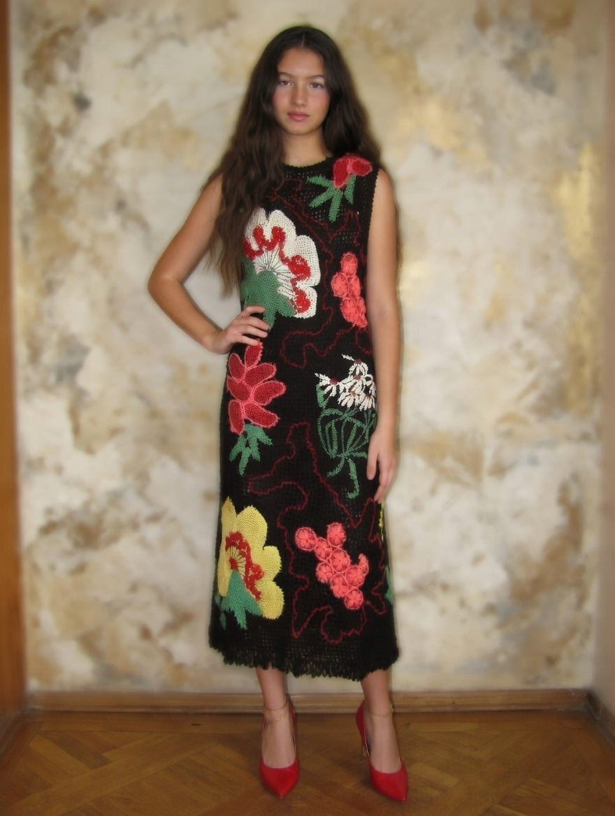 Black Irish Lace Crochet Dress Handmade Floral Lace Dress Sleeveless Boho Midi Dress Artisan Crochet Evening Dress