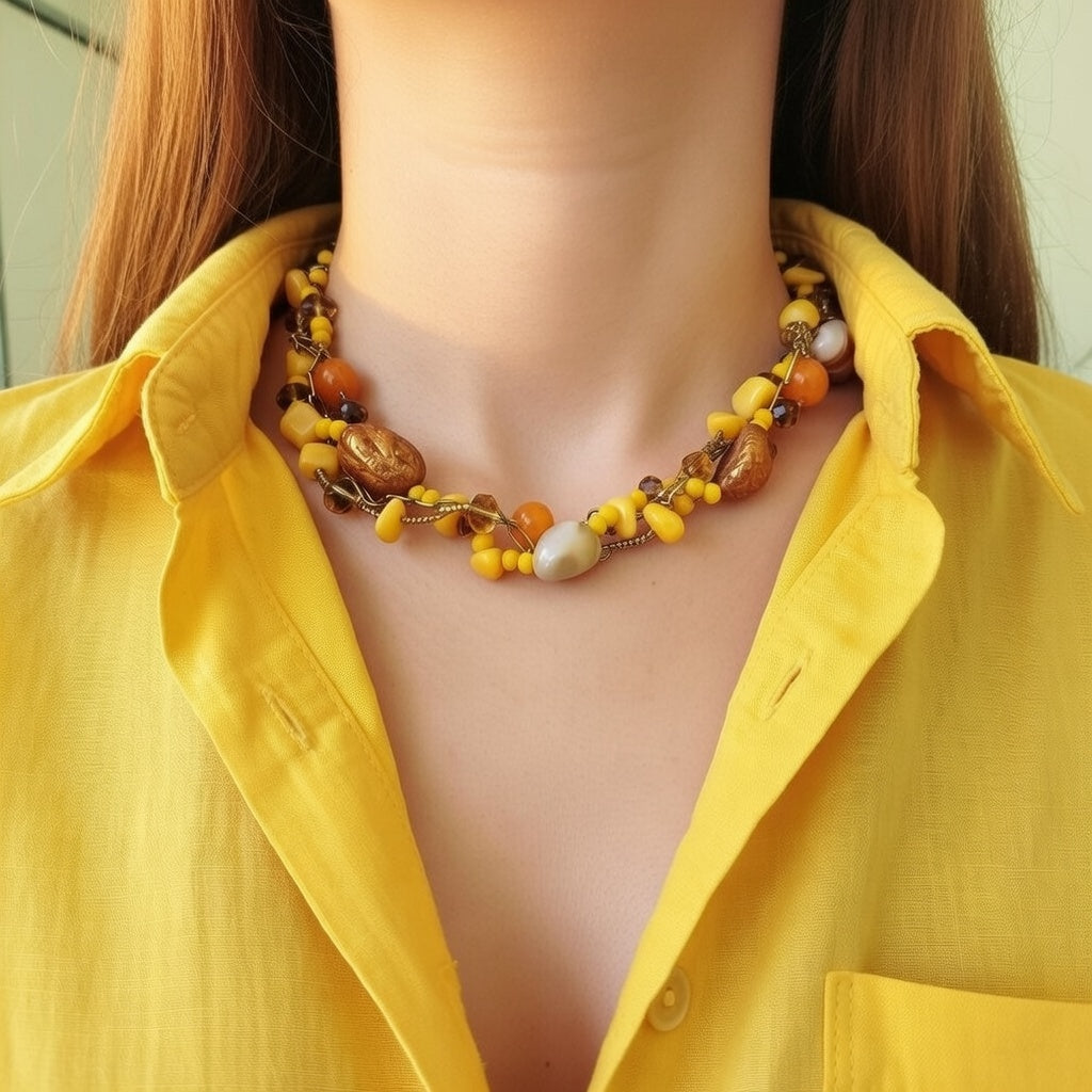 Multi Strand Yellow Agate Necklace – Jade & Jadeite Beaded Statement Necklace, 14K Gold Filled Stainless Steel Chain, 16 Inch Handmade Jewelry