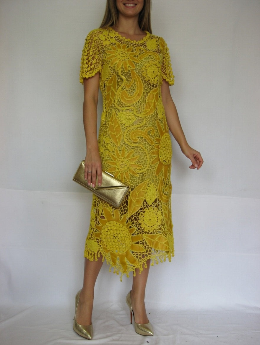 Yellow Irish Lace Crochet Dress with Leather – Handmade Statement Summer Dress