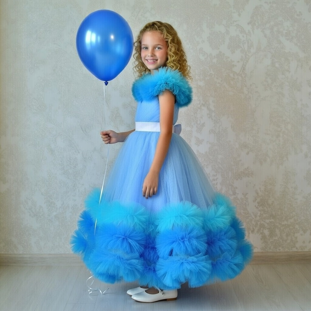 Blue Tulle Flower Girl Dress – Princess Ball Gown for Girls, Off Shoulder Party Dress