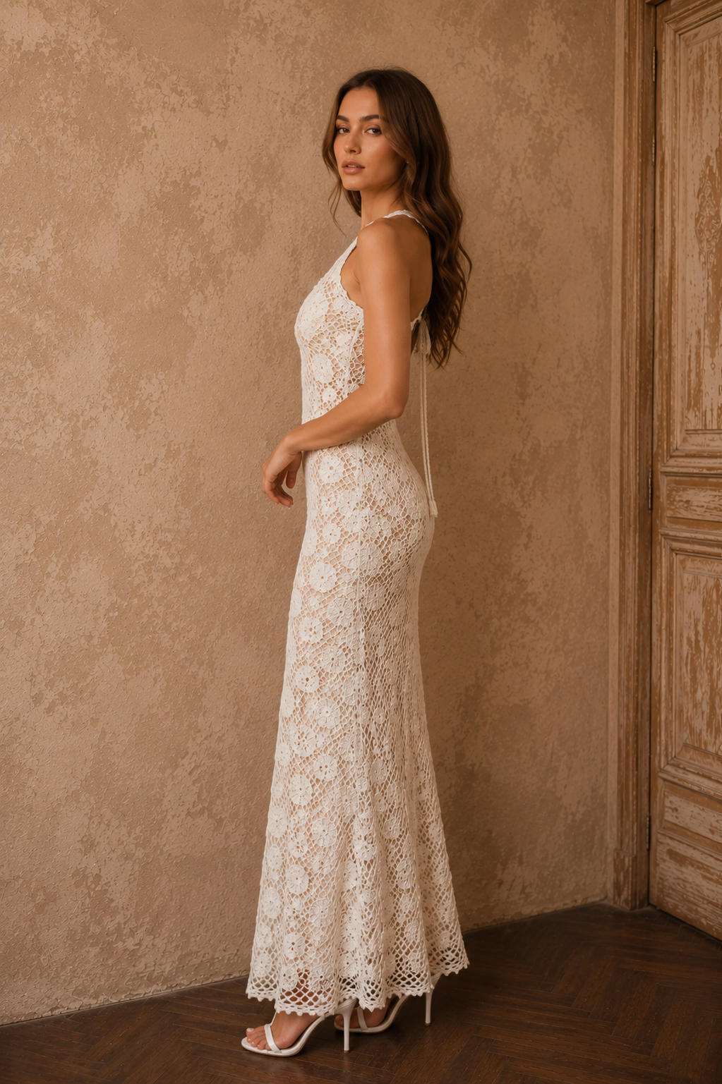 White Crochet Wedding Dress – Irish Lace Bridal Maxi Dress, Handmade Ivory Boho Beach Wedding Gown