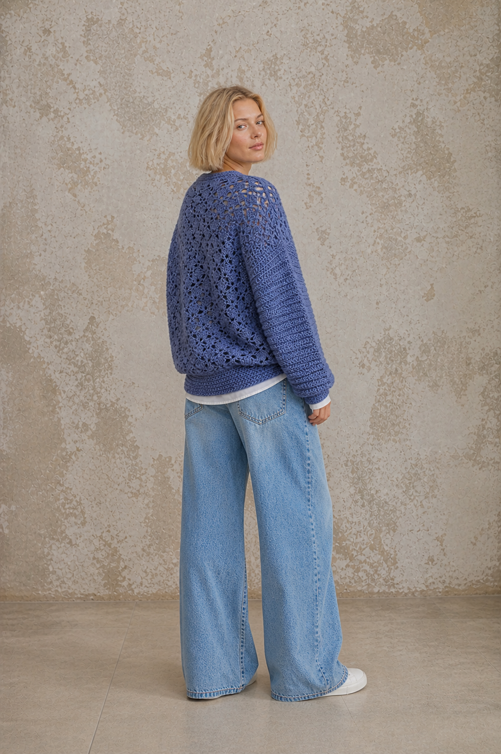 Blue Oversized Crochet Sweater – Handmade Wool Jumper | Boho Lace Knit Pullover | Chunky Winter Sweater