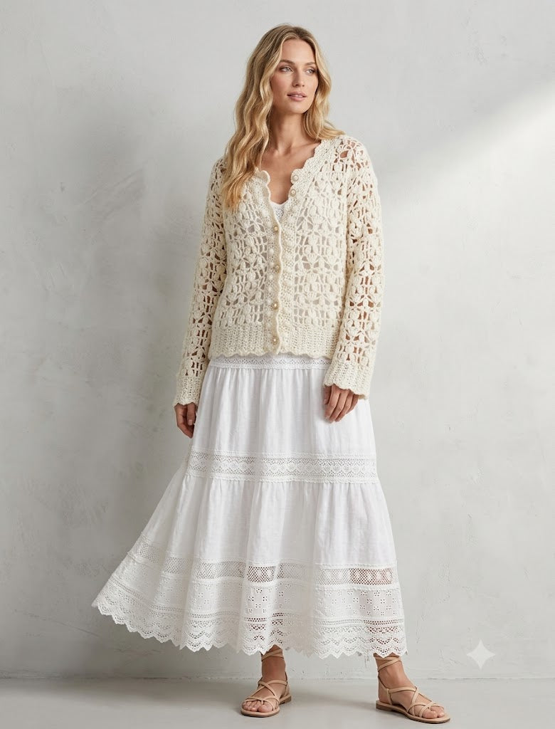 Ivory Crochet Lace Jacket – Handmade Fluffy Oversized Wool Bomber Cardigan with Puff Sleeves