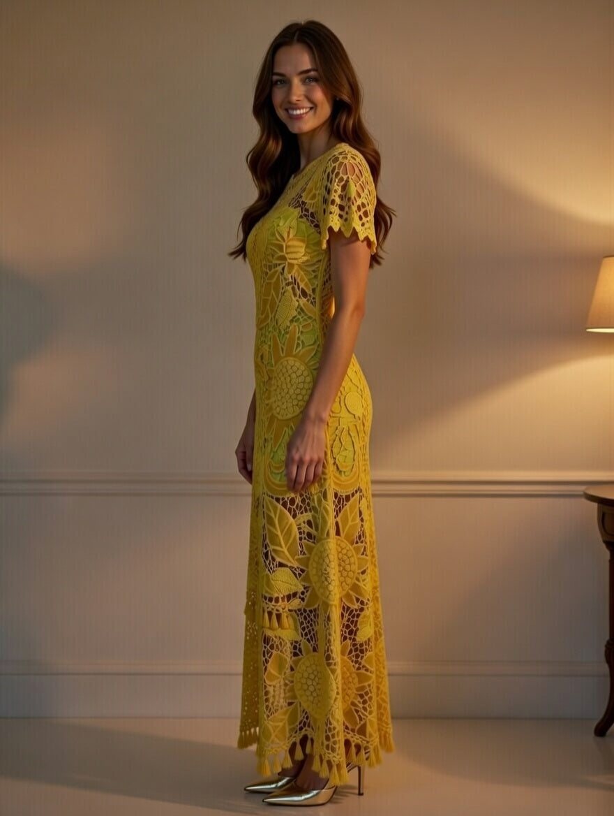 Yellow Irish Lace Crochet Dress with Leather – Handmade Statement Summer Dress