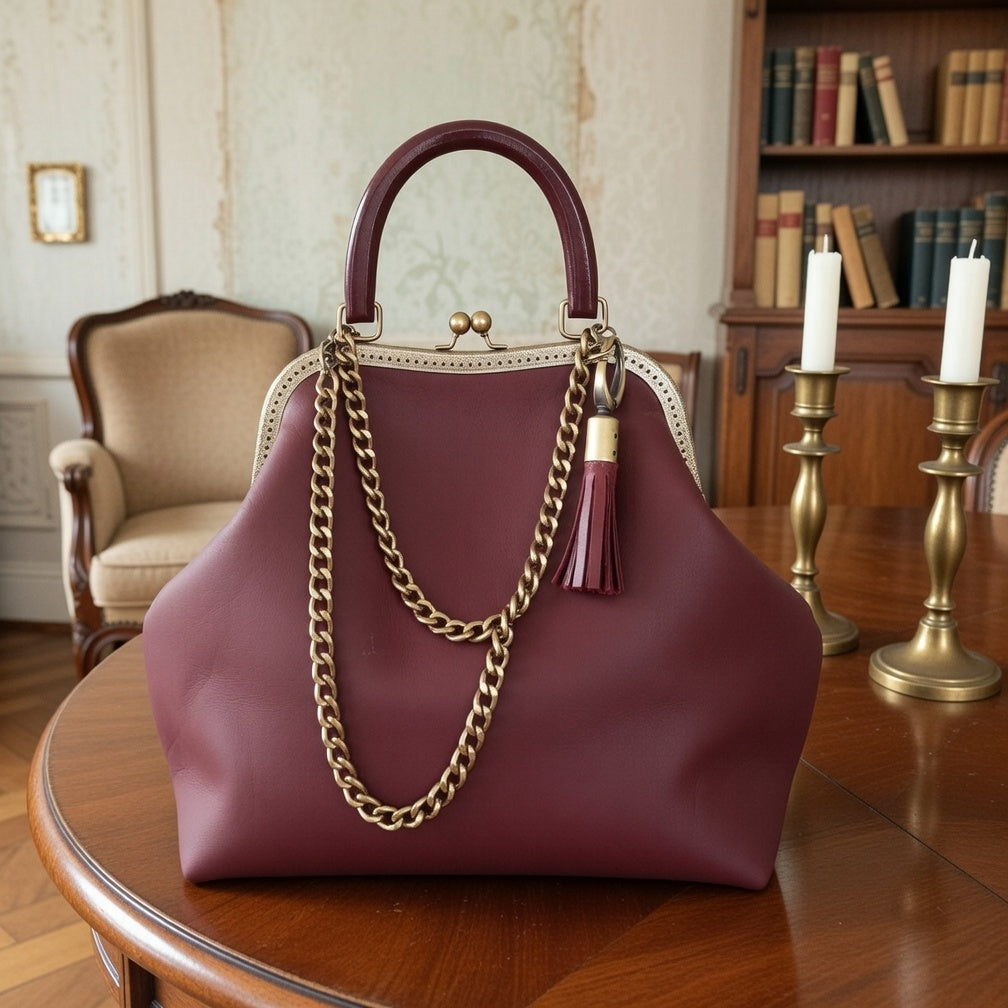 Vintage Bordeaux Leather Kisslock Bag – Genuine Wine Leather Frame Handbag with Bronze Clasp and Removable Chain Strap